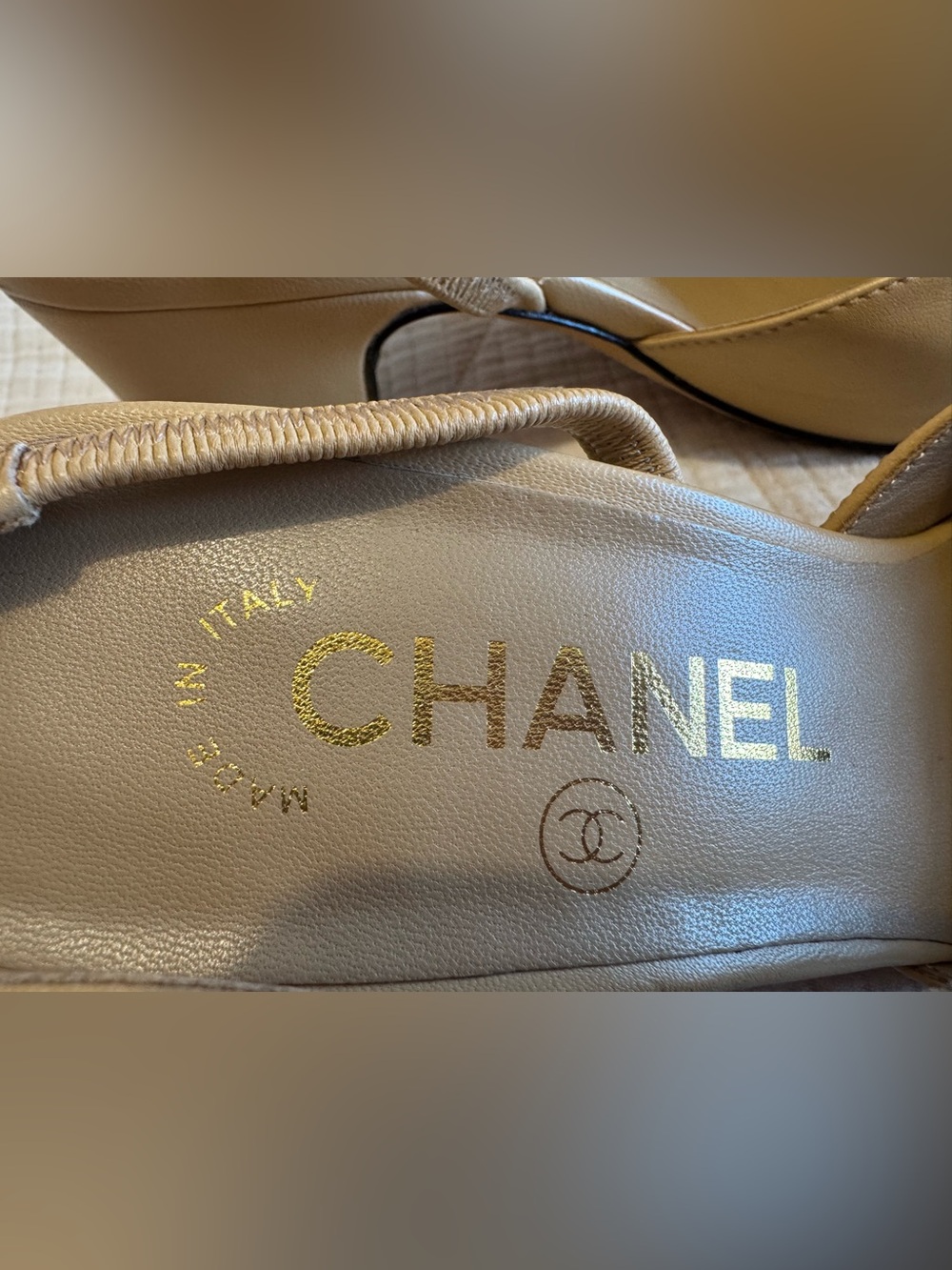 Chanel Goatskin Grosgrain Cap Toe Sling back Heel Two Tone Beige Black Sz 37 - Picture 4 of 11